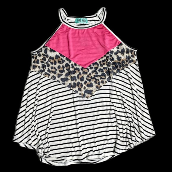 Filly Flair Color Block Leopard Pink & Stripes Women's Tank Top - Picture 1 of 6